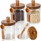 Remerry Set of 4 Glass Jar with Wooden Lid and Spoon, 13.5 oz Coffee Bean Tea Sugar Jar Set, Clear Airtight Spice Canisters Glass Food Storage Kitchen Containers for Coffee Bean Tea Sugar by Remerry
