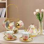 20 Pcs Porcelain Tea Set with Metal Holder and Spoon, European Ceramic Tea Set for Adults, European Flower Painting Teapot Cup Saucer Spoon Set for 6, Gift Pack (Pink and Gold) - Image 6