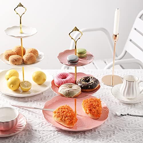 Sweejar 3 Tier Ceramic Cake Stand Wedding, Dessert Cupcake Stand for Tea Party Serving Platter(Rose Pink) - Image 2