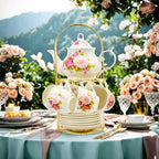20-Pieces Porcelain Bone china Tea Sets,Gold Rim Coffee Set with Golden Metal Rack,Tea Gift Sets for Home&Party (008) - Image 3