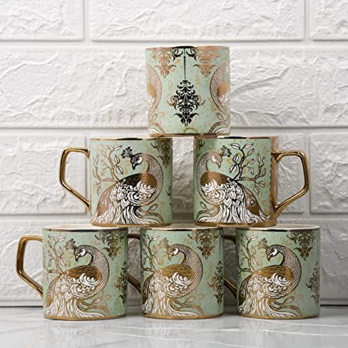 Femora Handcrafted Ceramic Coffee Mugs Indian Golden Tea Cups Set of 6 (6 oz), Cappuccino Cups, Coffee Cups, White Tea Cup Set, British Coffee Cups, Porcelain Tea Set, Latte Cups, Espresso Mug. - Image 3