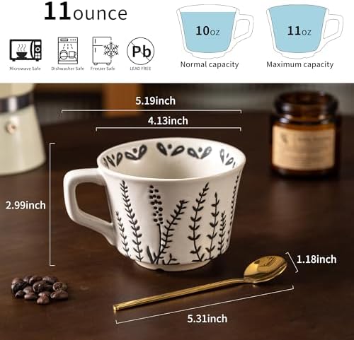 Ceramic Latte Mug Set of 4 with Gold Spoon, 11 Ounce Porcelain Cups for Latte, Hot Tea, Cappuccino, Mocha, Cocoa, Housewarming Wedding Present Gifts for Men Women Dishwasher Microwave Safe - Image 2
