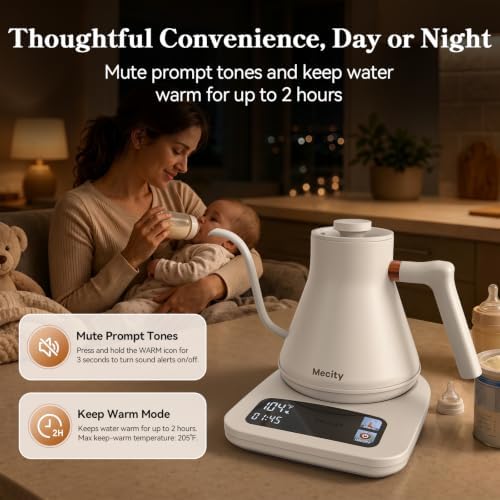 Mecity Electric Gooseneck Kettle with Touchscreen Base, 6 Presets Temperature Control, 2 Hours Keep Warm, 304 Stainless Steel Interior, Fast Boil Tea & Pour Over Coffee Kettle, 0.8L 1500W, Cream Color - Image 6