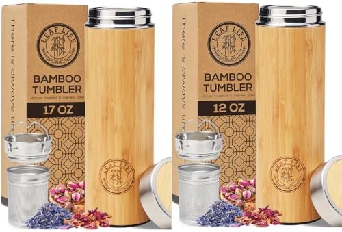 Premium Bamboo Thermos with Tea Infuser for Loose Tea - Tea Gift Set - Insulated Water Bottle/Iced Coffee Tumbler - Unique Gifts for Women, Gifts For Women Who Have Everything - 17oz with 12oz by LeafLife