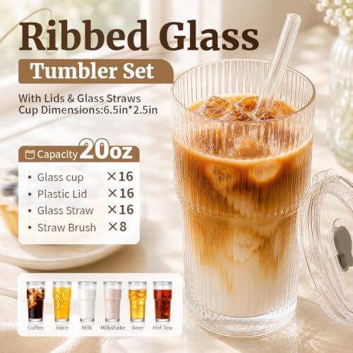 16-Pack 20oz Iced Coffee Cups with Lids and Straws, Reusable Glass Coffee Tumblers Set for Iced Coffee, Smoothies, Juice & Water, Leak-Resistant Cups for Home, Office & On-the-Go Use - Image 2