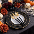 WDF 30Guest Black and Gold Plastic Plates - Gold Plastic Silverware With Black Handle Baroque Black and Gold Disposable Dinnerware for Wedding/Party/Birthday/Halloween - Image 3