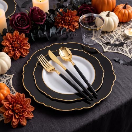 WDF 30Guest Black and Gold Plastic Plates - Gold Plastic Silverware With Black Handle Baroque Black and Gold Disposable Dinnerware for Wedding/Party/Birthday/Halloween - Image 3