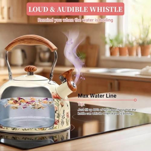 Sylfaen Tea Kettle for Stove Top, 2.5 Quart Floral Whistling Kettle, Beige - Image 4