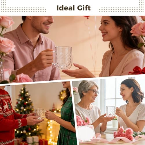 4 Pcs Double Walled Glass Coffee Mug Set, 12 oz Insulated Clear Cups with Handle, Spiral Pattern Design Glassware, includes 4 Stainless Steel Spoons, for Latte, Cappuccino, Tea, Hot and Cold Drinks - Image 2