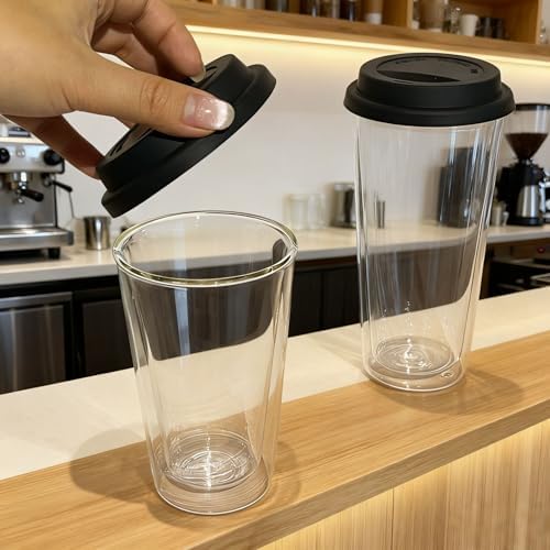 Double-Walled Glass Coffee Mug with Silicone Lid,Heat-Resistant Borosilicate,Insulated,Black，Pack of two - Image 5