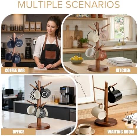 Coffee Mug Tree 6-Hook,Acacia Wood Mug Holder Countertop - Image 4