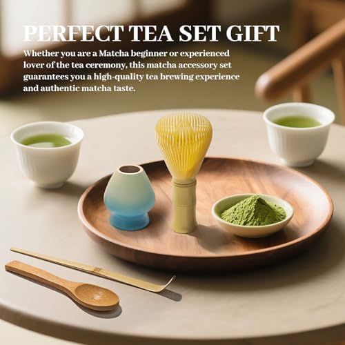 4 Piece Matcha Japanese Ceremony Set, Resin Matcha Whisk, Bamboo Spoon, Bamboo Scoop, Whisk Stand, Perfect Set for Preparing, Yellow - Gradient Blue - Image 4