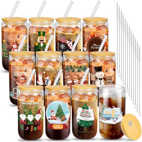 Umigy 12 Pack Christmas Glass Cups 16 oz Drinking Glasses,Vibrant Style by Umigy