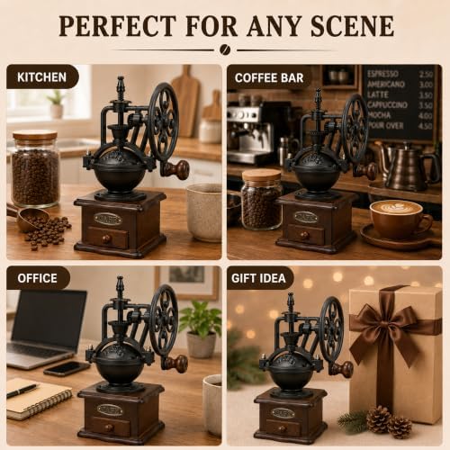 Vintage Manual Coffee Grinder with Cast Iron Ferris Wheel Hand Crank, Wooden Coffee Mill with Ceramic Burr, Adjustable Grind Size for Espresso, French Press, Pour Over, Home Barista Coffee Gift - Image 6