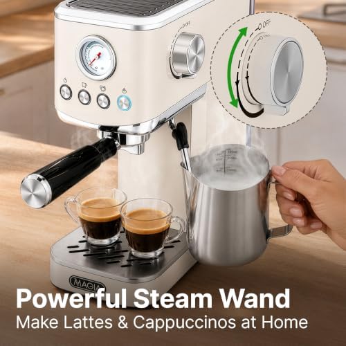 Zulay Kitchen Magia Compact Espresso Machine – 20 Bar Coffee Maker with Milk Frother Steam Wand, Latte & Cappuccino Maker, 1350W Fast Heating, 40oz Removable Water Tank, Stainless Steel – Cream - Image 4