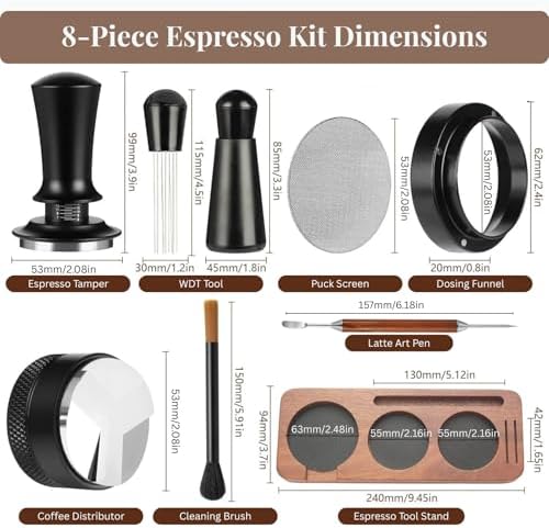 8 PCS Espresso Accessories Kit, 53.3mm Espresso Tamper 54mm Portafilter Compatible, Espresso Tamping Station, WDT Tool Needle Distributor, Magnetic Dosing Funnel, Puck Screen, Coffee Bar Tool Set - Image 3
