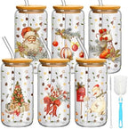 6 Set Christmas Glasses Cups with Bamboo Lid and Glass Straw 16 oz Vintage Christmas Drinking Cup Red Santa Beer Iced Coffee Cup Xmas Tumbler Mugs for Women Men Holiday Party Office Gifts by Yetene