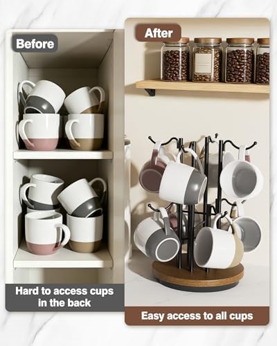 8-Hook 360° Rotating Large Coffee Mug Tree for Counter, Wood Base, Brown - Image 7