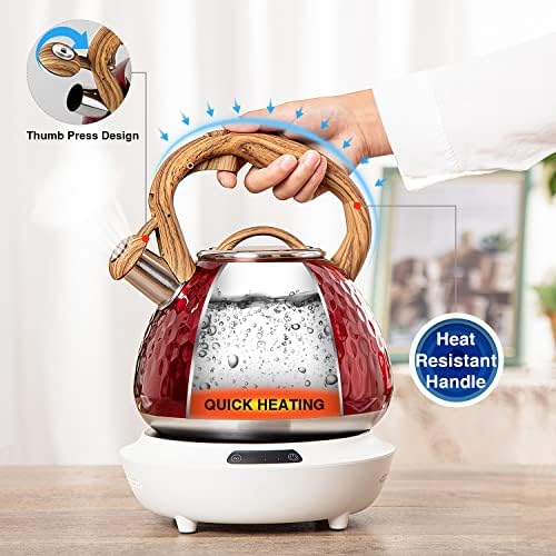 Tea Kettle, Toptier Teapot Whistling Kettle with Wood Pattern Handle Loud Whistle, Food Grade Stainless Steel Tea Pot for Stovetops Induction Diamond Design Water Kettle, 2.7-Quart Red - Image 3