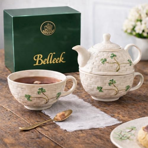 Belleek Classic Shamrock Tea for One Set, Handcrafted Teapot and Cup, Parian China Ceramic Tea Set, Microwave Safe, White - Image 4
