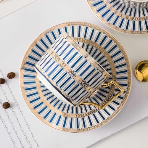 8.45oz European Ceramic Coffee Cup & Saucer Set of 2 with Handle & Gold Spoons, Stripe with Gold Accents, for Latte, Tea, Cappuccino, Gift Boxed for Tea Party, Housewarming Gift (two blue) - Image 3