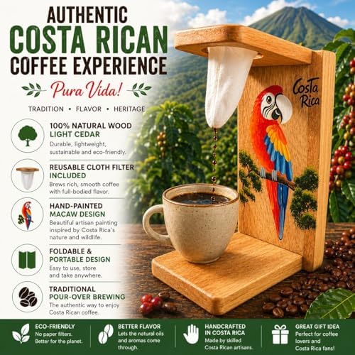 Tapanti store.Chorreador,Costa Rican handcrafted foldable wooden pour-over coffee maker.Includes a reusable cloth filter.Hand painted Macaw wooden design.Light Cedar.Perfect for travel (Red) - Image 2