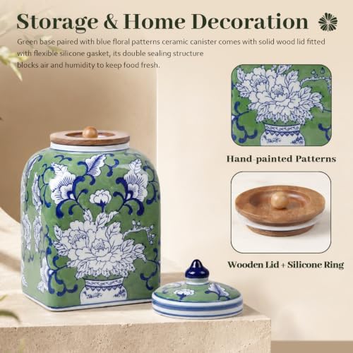 Ceramic Tea Canister with Airtight Lid, 10" H Kitchen Decor Jar for Loose Leaf Tea & Coffee Bean Storage, Hand-painted Chinoiserie Ginger Jars for Home Decor, 121 fl oz - Green Peony - Image 3