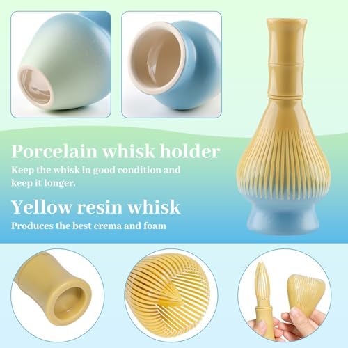 4 Piece Matcha Japanese Ceremony Set, Resin Matcha Whisk, Bamboo Spoon, Bamboo Scoop, Whisk Stand, Perfect Set for Preparing, Yellow - Gradient Blue - Image 3