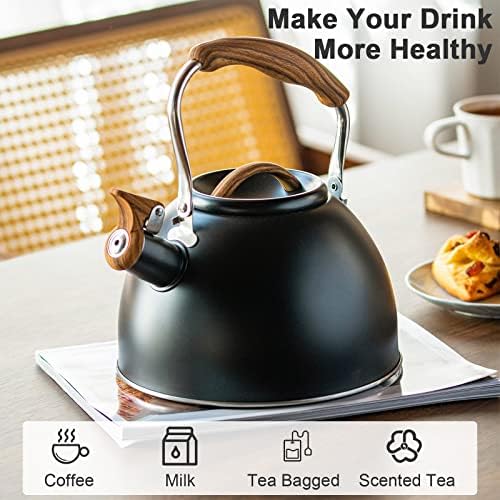 3.2 Quart Whistling Tea Kettle for Stove Top Stainless Steel Tea Pots With Wood Pattern Anti-slip Handle, Black… - Image 2