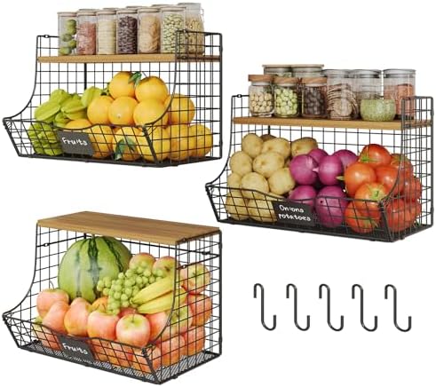 3 Pack Extra Large Fruit Basket for Kitchen with Wood Lid Nameplate - Counter&Wall Mounted Onion and Potato Storage Bin, Stackable Metal Hanging Wire Baskets,15.74 * 8.66 * 10.63 inch by Jautokerdar