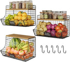 3 Pack Extra Large Fruit Basket for Kitchen with Wood Lid Nameplate - Counter&Wall Mounted Onion and Potato Storage Bin, Stackable Metal Hanging Wire Baskets,15.74 * 8.66 * 10.63 inch by Jautokerdar