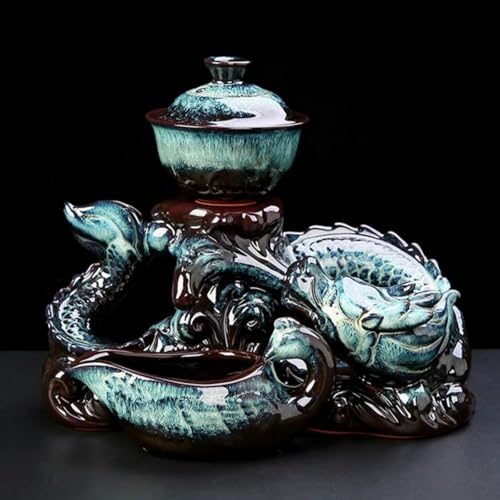 Chinese Gongfu Tea Set - Ceramic Teapot with Infuser, 8 Cups, Semi Automatic Dragon Design for Loose Leaf Tea - Image 4