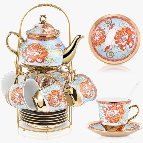 Zhehao 20 Pcs Porcelain Tea Set for Adult, with Metal Holder, Retro by Zhehao
