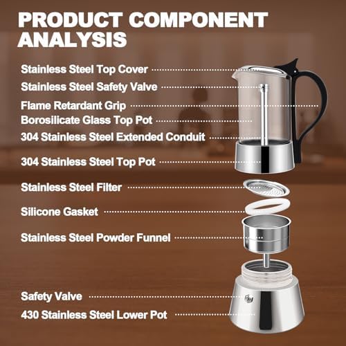 4 Cup Glass Transparent Moka Pot Stainless Steel Uncoated Stovetop Espresso Maker Italian Coffee Makers Mocha Greca Machine Cafe Classic Induction Cookers for Home Camping 220ml - Image 4