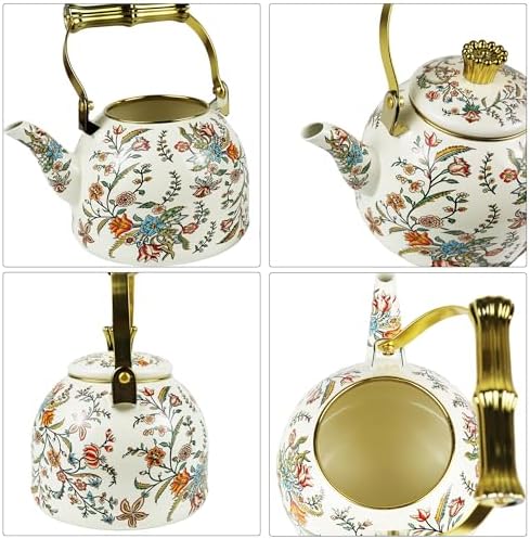 Vintage Enamel Tea Kettle Boho Floral Stovetop Teapot 2.5L Colorful Bohemian Enamel Kettle Kitchen Decor Hot Water Coffee Pot with Gold Handle - Image 6
