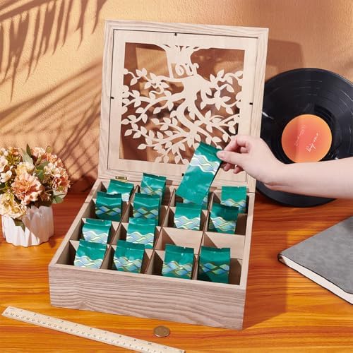UNICRAFTALE Wood Tea Box Organizer Tan Tea Bags Holder 16 Compartment Hollow Tree of Life Tea Organizer Tea Bag Holder Organizer for Countertop Kitchen Cabinet Pantry 12.6x12.6x3.6 inch - Image 4