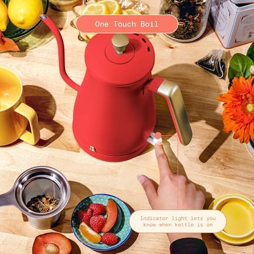 Electric Gooseneck Kettle 1 Liter 1200W Fast Boil with Precision Pour Spout, Stainless Steel Interior, Auto Shut-Off & 360° Swivel Base (Tomato Red) - Image 3