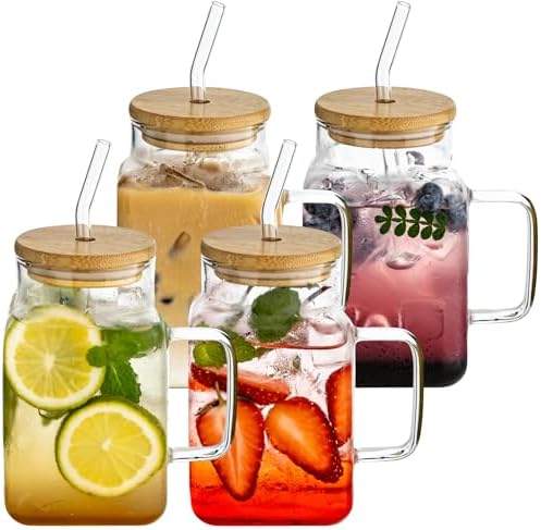 20oz Glass Tumblers with Handle, Glass Cup with Bamboo Lid and Straw, Clear Glass Mugs, Reusable Iced Coffee Cups for Iced Coffee, Tea, Smoothie, Juice, Cocktails (4PCS) by JGKYLDZ