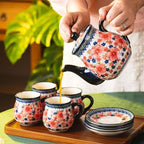 polish pottery style porcelain ceramic 10 piece Tea set,7.2oz tea cup and sauce set of 4,28.2oz teapot and 1wooden tray (Snow and Plum) - Image 4