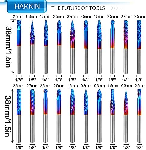 Hakkin 20 Pcs Carbide Rotary Burrs Set, End Mill CNC Router Bit, 1/8" Shank Nano Blue Coating Ball Nose End Mill, Double Cut Coat Rotary Drill for Die Grinder Woodworking, Engraving, Drilling, Carving - Image 2