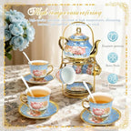 ALIMOTA 20 Pcs Porcelain Tea Set with Metal Holder and Spoon, European Ceramic Tea Set for Adults, European Flower Painting Teapot Cup Saucer Spoon Set for 6, Gift Pack (Blue) - Image 2