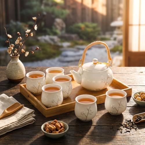 Layhit Japanese Asian Tea Set for Adults with 1 Teapot 6 Cups 1 Tray, 20 oz Traditional Portable Japanese Kiln Altered Glaze Porcelain Tea Set for Women Mother's Day Gifts(White, Plum) - Image 3