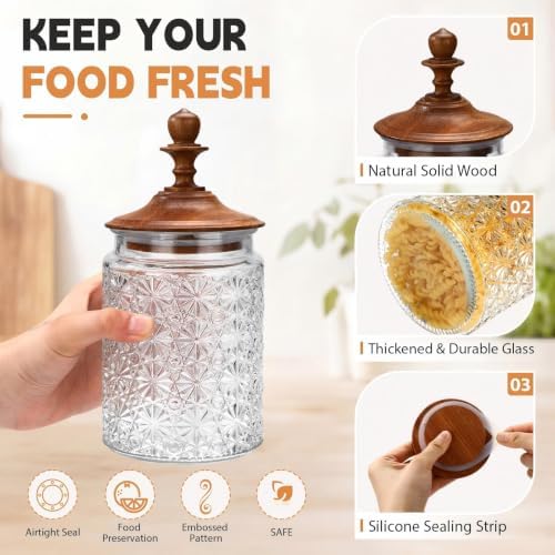 Suclain 6 Pack 24 oz Glass Spice Jars with Dark Wood Lids Vintage Canisters with Star Pattern Airtight Food Storage Container for Home Kitchen Tea Coffee Spice Pantry Organization Decorations - Image 3
