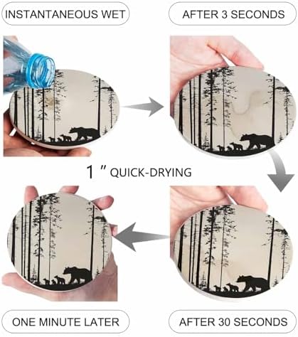 Coasters for Drinks Set of 8 Abstract Bear Family Forest Trees Natural Scenery Silhouette Ceramic Cup Mat, Absorbent Ceramic Stone Coasters with Cork Base for Coffee Cups Table Home Decor 4 Inch - Image 6