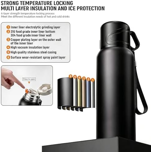 Double wall vacuum Leakproof stainless steel wide mouth insulated water bottle;tea tumbler with infuser,cup,lid;smart thermoses hot drinks;thermal flask ice coffee with led digital temperature display - Image 5