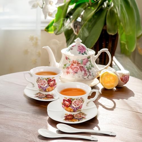 Pumtus Tea Cups and Saucers Set of 6, 8 OZ Vintage Ceramic Teacups with Spoon, Floral Rose British Coffee Mug, Elegant Bone China Cup Gift Set for Cappuccino, Espresso, Latte, Afternoon Tea Party - Image 6