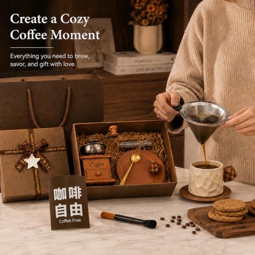 Manual Coffee Grinder Gift Set with Pour Over Filter, Mug, Brush & Gift Box - Image 7