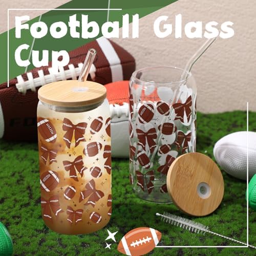 12 Pack 16 oz Football Glass Cups with Bamboo Lid and Straw - Image 3