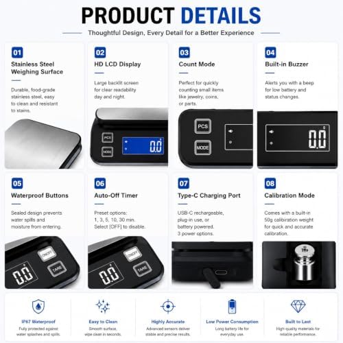 Waterproof Digital Kitchen Scale 0.001oz/0.1g Precision, Stainless Steel Electronic Scale with 3 Power Options (Rechargeable/AAA/Built-in), 10 Units Conversion, Smart Standby, 22lb/10kg Capacity - Image 7