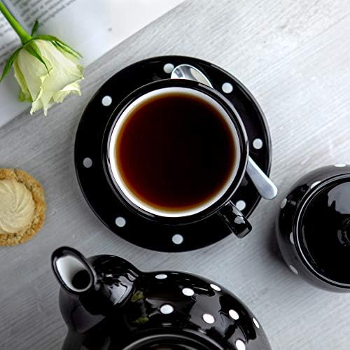 City to Cottage Handmade Black and White Polka Dot Large Ceramic 12oz/350ml Cappuccino Coffee Tea Cup and Saucer, Unique Designer Pottery for Tea Lovers - Image 3